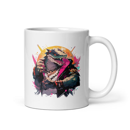 Dangerous and influential reptile, Stylish and rich dino boss bandit, Sharp dragon teeth, Gangster dinosaur and fist fight - White glossy mug