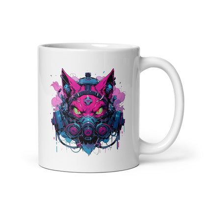 Gas mask on pink angry cat, Fantastic toxic cyber kitty, Green eyes wild cat mutant - White glossy mug