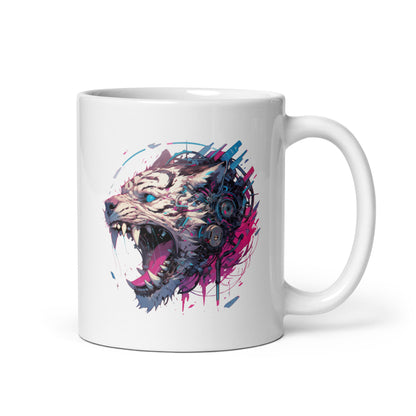 Angry big cat, Fantastic zombie cyber kitty, Blue eyes wildcat, Roar cyberpunk mutant - White glossy mug
