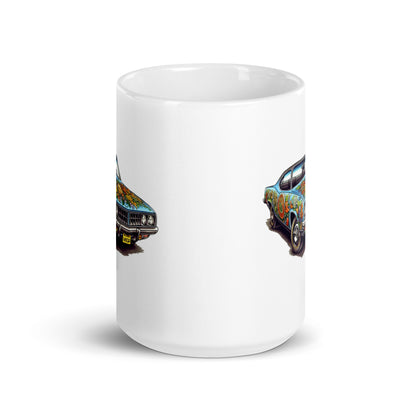 Folk style, Muscle car illustration, Classic car on cup, Flowers on car, Gift for country lovers - White glossy mug