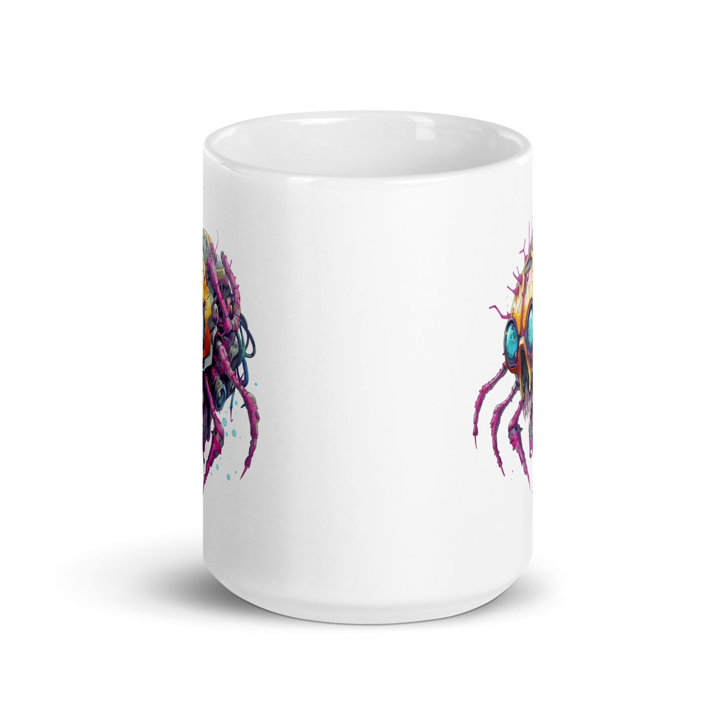 Crab cyber monster, Blue eyes, Detailed cyberpunk illustration, Neon electric colors, Electronic spider zombie - White glossy mug