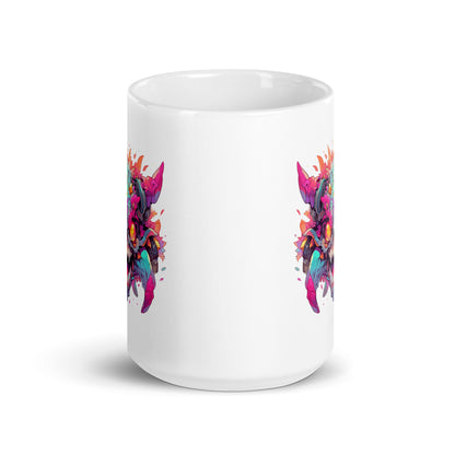 Horned and toothy monster, Crazy colorful illustration, Fantastic yellow evil eyes, Wild mutant - White glossy mug