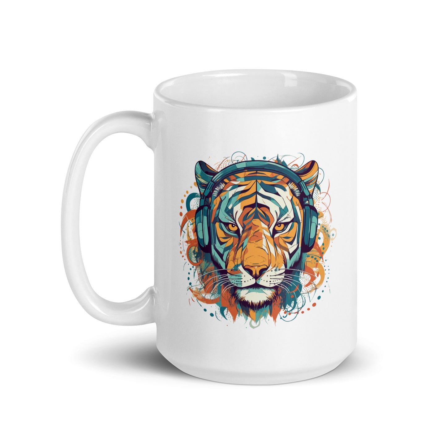 Fantastic portrait of tiger, Tiger colorful illustration in headphones, Music and animals - White glossy mug