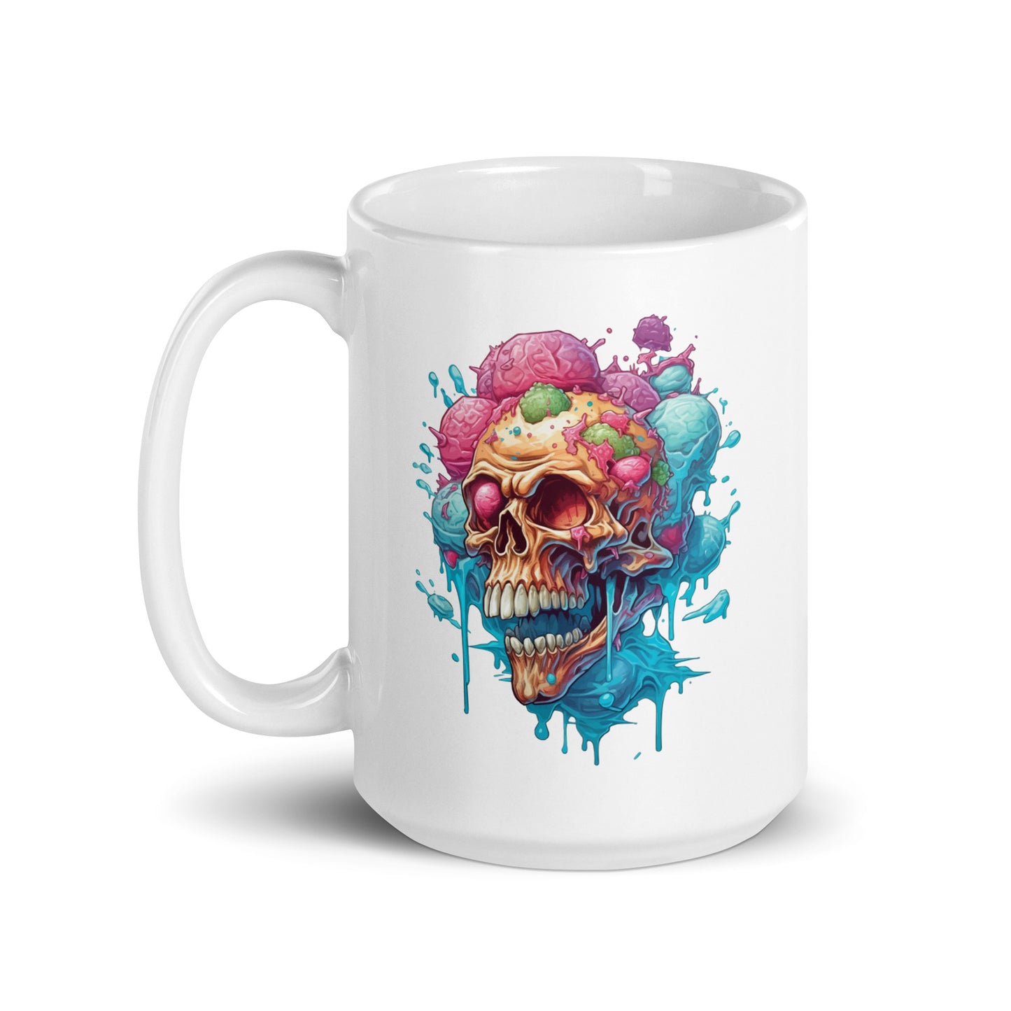 Ice cream skull, Head bones with purple and blue candies, Pop Art style illustration, Cartoon skull with crazy dripping ice cream - White glossy mug