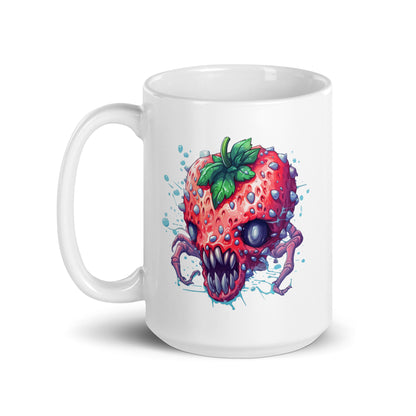 Psychic strawberry monster, Zombie virus berry, Fantastic predator in surrealism, Apocalyptic Pop Art, Horror illustration, Water drops - White glossy mug