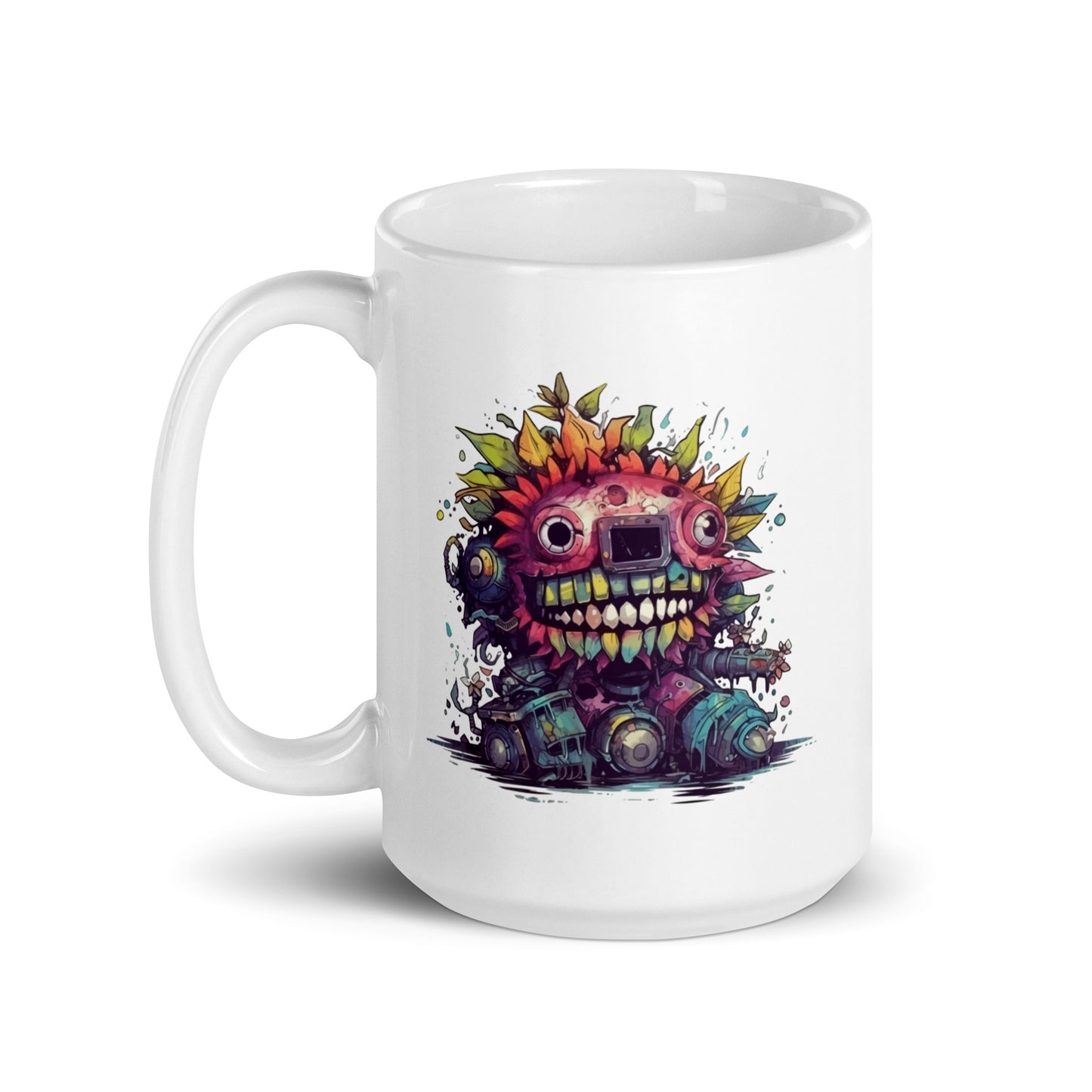 Cyber horror illustration, Cartoon monster on a background of flowers, Funny fantastic predator, Fantasy animals, Mystical technology - White glossy mug
