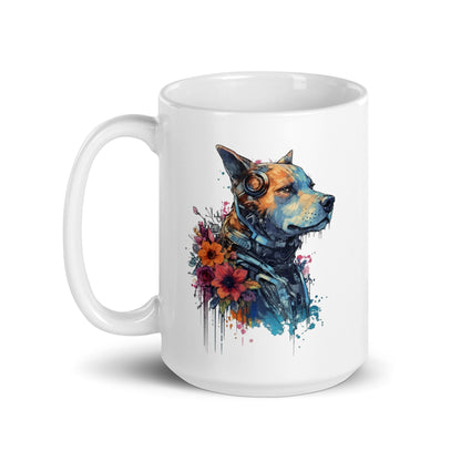 Cyber dog, Animals and cyberpunk, Doggy illustration, Fantasy portrait of pet, Fantastic animals - White glossy mug - White glossy mug
