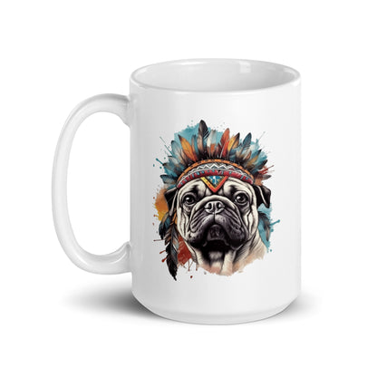Pug in warbonnet, Doggy illustration, Pug Indians style, Animals warrior, Fantasy portrait of dog, Fantastic animals - White glossy mug