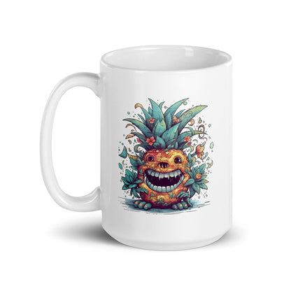 Pineapple monster smile, Fantasy funny monster, Fruits fantastic illustration, Cartoon horror, Mutant portrait - White glossy mug