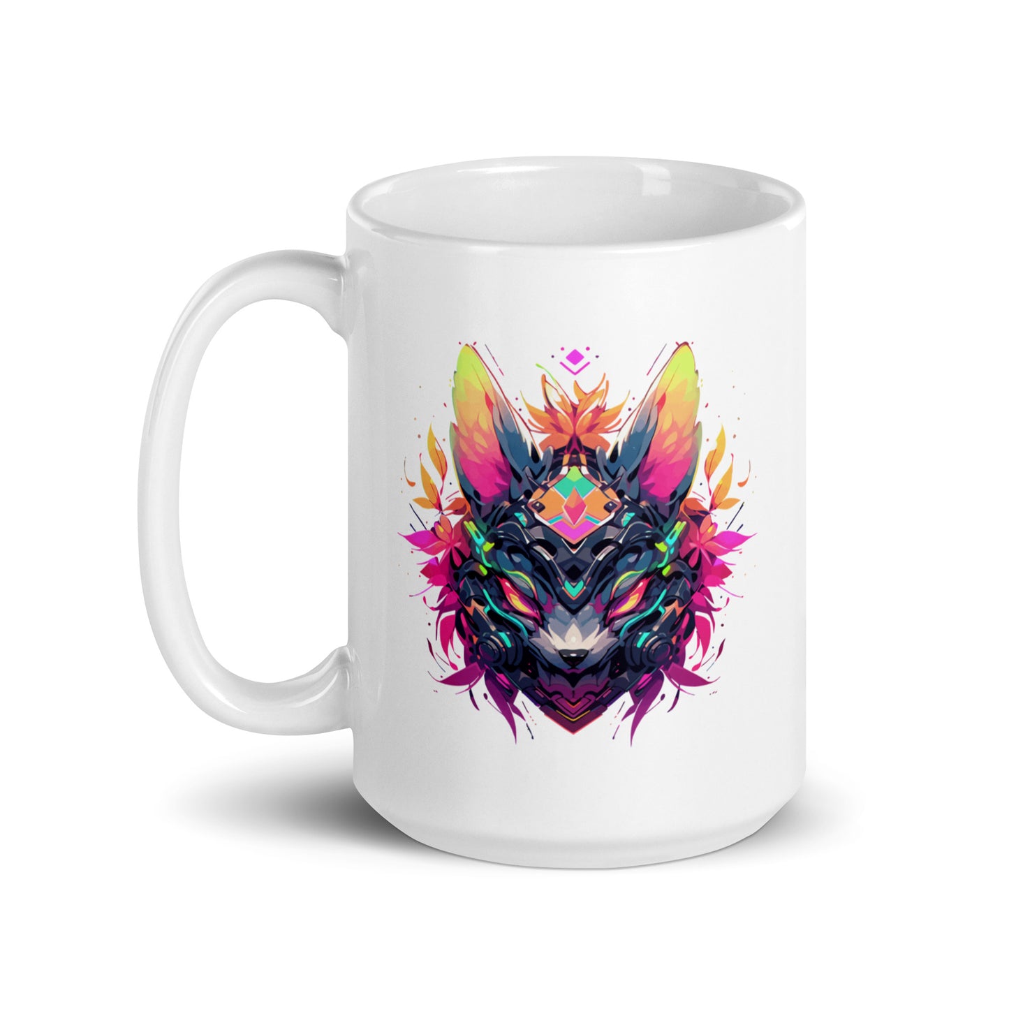 Colorful fox head with bright patterns, Pop Art style illustration with cyber animal face, Red eyes and flowers, Abstract geometric composition - White glossy mug