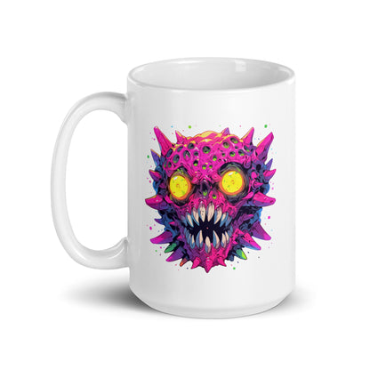 Crazy Pop Art illustration, Zombie virus, Yellow evil eyes, Horns and fangs - White glossy mug