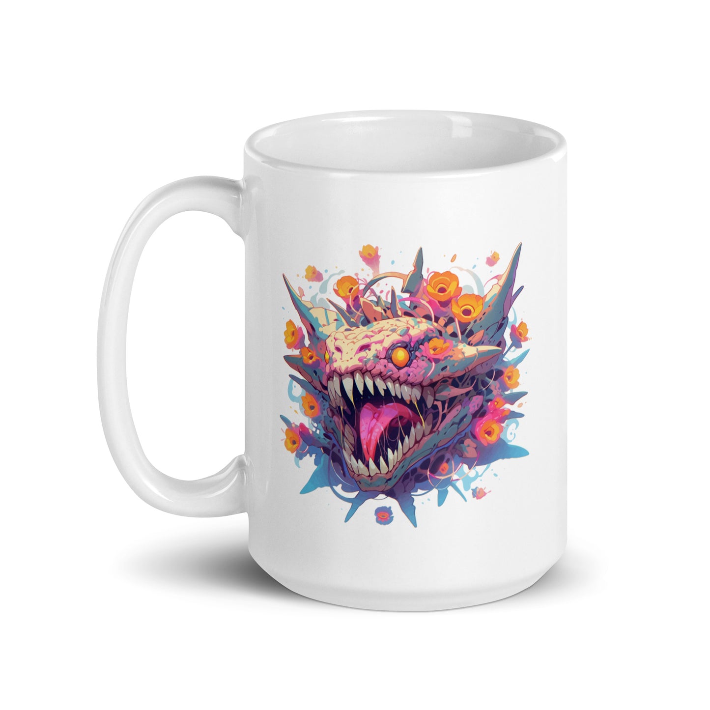 Colorful crazy monster illustration, Orange evil eyes, Mutant with sharp horns and fangs in flowers - White glossy mug