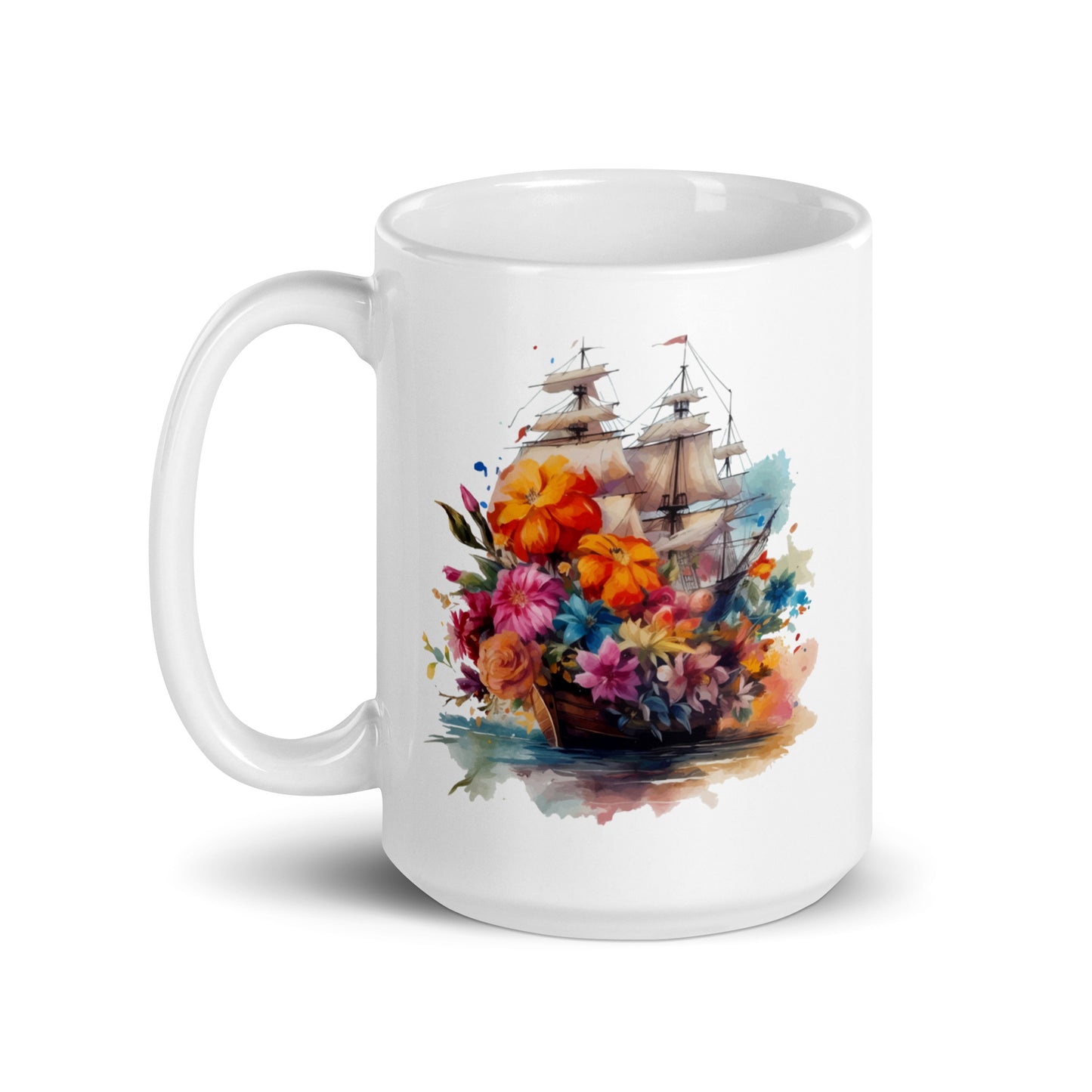 Frigate and flowers, Ship with sails flowers art composition, Sailboat illustration - White glossy mug