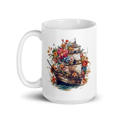 Sailboat illustration in sea, Ship with sails art composition, Frigate and flowers - White glossy mug