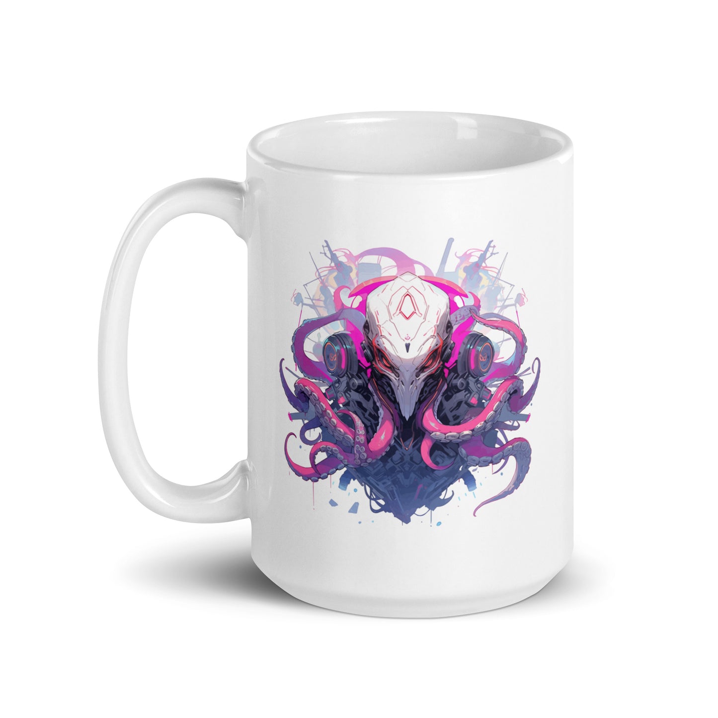 Cyberpunk fantastic animals, Fantasy portrait of cyber octopus, Octopus illustration manga style - White glossy mug