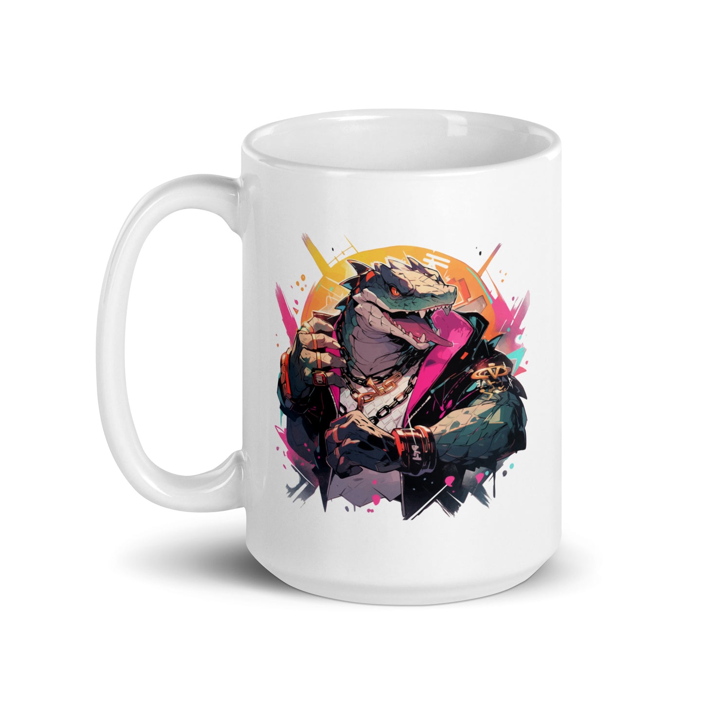 Dangerous and influential reptile, Stylish and rich dino boss bandit, Sharp dragon teeth, Gangster dinosaur and fist fight - White glossy mug