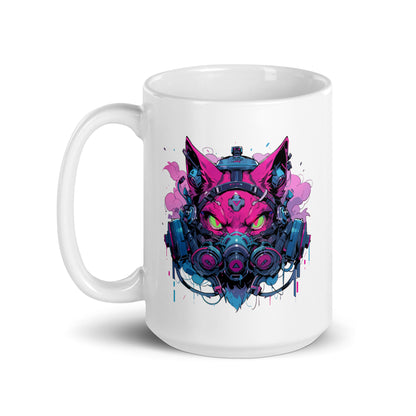 Gas mask on pink angry cat, Fantastic toxic cyber kitty, Green eyes wild cat mutant - White glossy mug