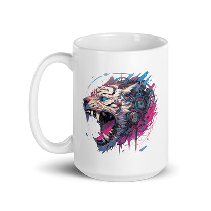 Angry big cat, Fantastic zombie cyber kitty, Blue eyes wildcat, Roar cyberpunk mutant - White glossy mug