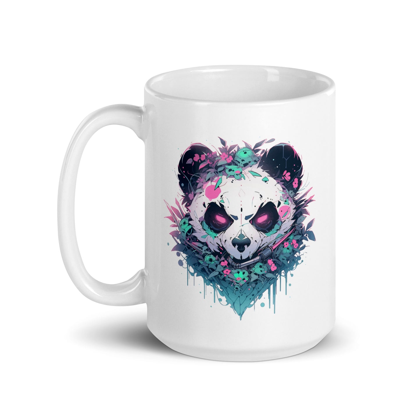Bamboo bear and jungle, Angry panda in leaves, Black and white bear, Pink eyes animal wild - White glossy mug