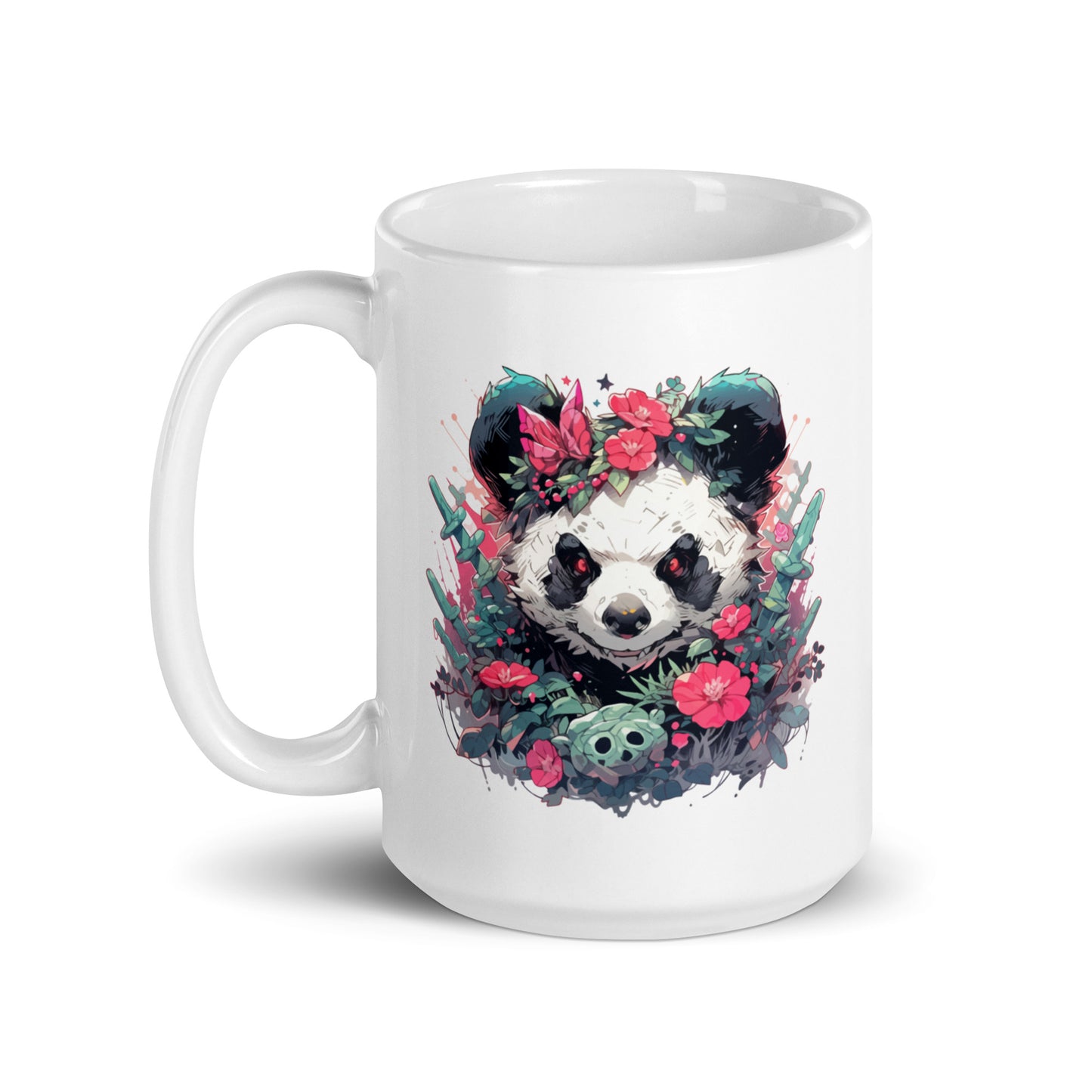Angry panda in flowers, Bamboo bear and cactus, Black and white bear, Red eyes animal wild - White glossy mug