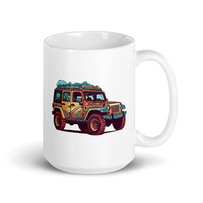 4x4 car illustration, Gift for car lovers, Summer, Beach SUV, Folk illustrations, Automotive art - White glossy mug