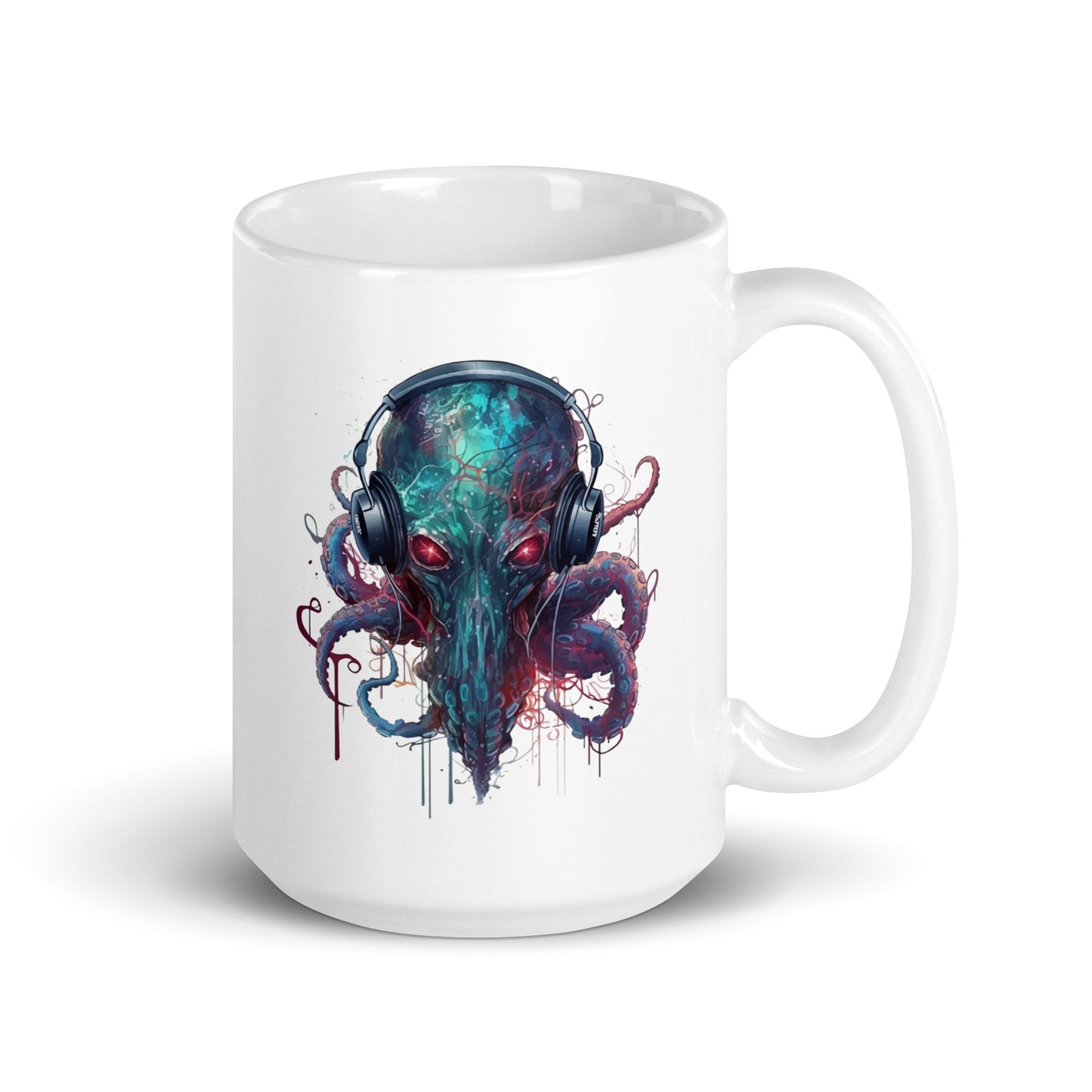 Fantasy art portrait of octopus, Octopus in headphones, Octopus illustration, Fantastic animals - White glossy mug