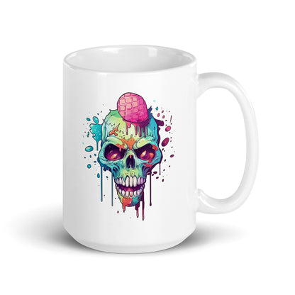 Cartoon skull zombie and crazy ice cream, Head bones and red eyes, Skull ice cream, Pop Art style illustration - White glossy mug