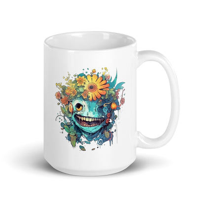 Cyber cartoon monster on a background of flowers, Funny fantastic grotesque predator, Fantasy animals, Mystical theme, Horror illustration - White glossy mug