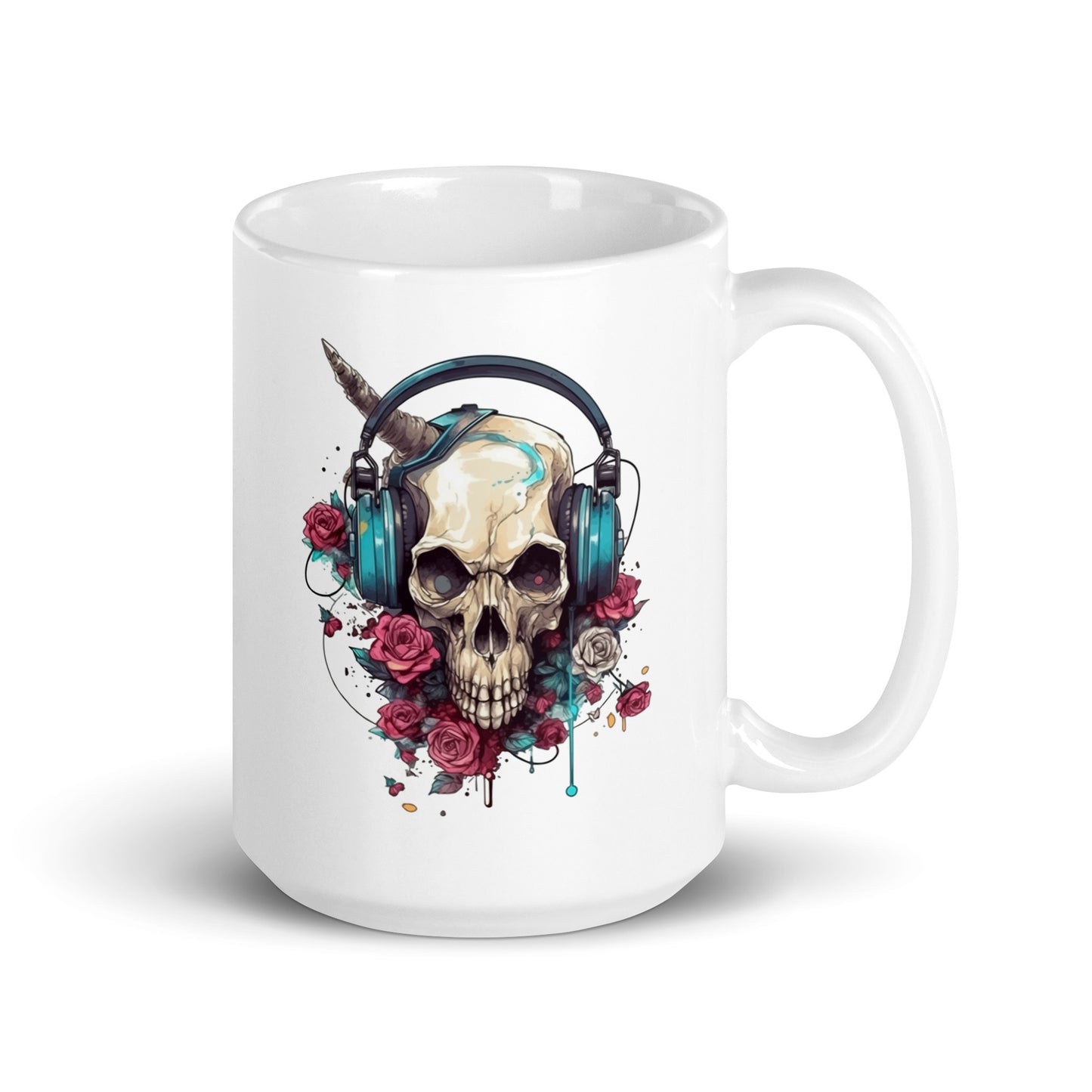 Fantastic portrait monster, Fantasy illustration, Skull in headphones and flowers, Mutant skull - White glossy mug