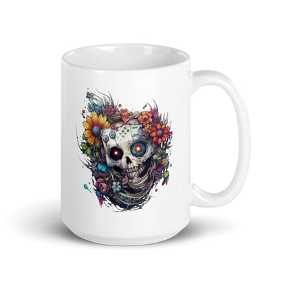Monster skull and flowers, Hi-tech and cyberpunk design, Mutant skull fantastic illustration - White glossy mug
