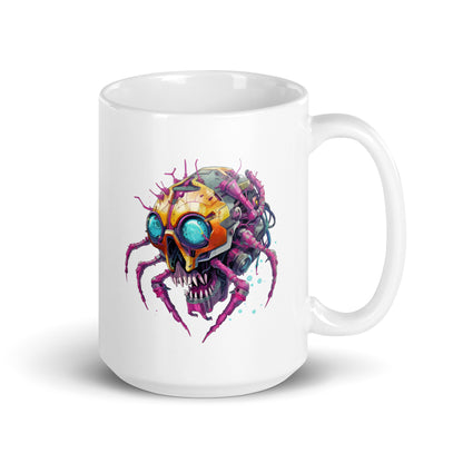 Crab cyber monster, Blue eyes, Detailed cyberpunk illustration, Neon electric colors, Electronic spider zombie - White glossy mug