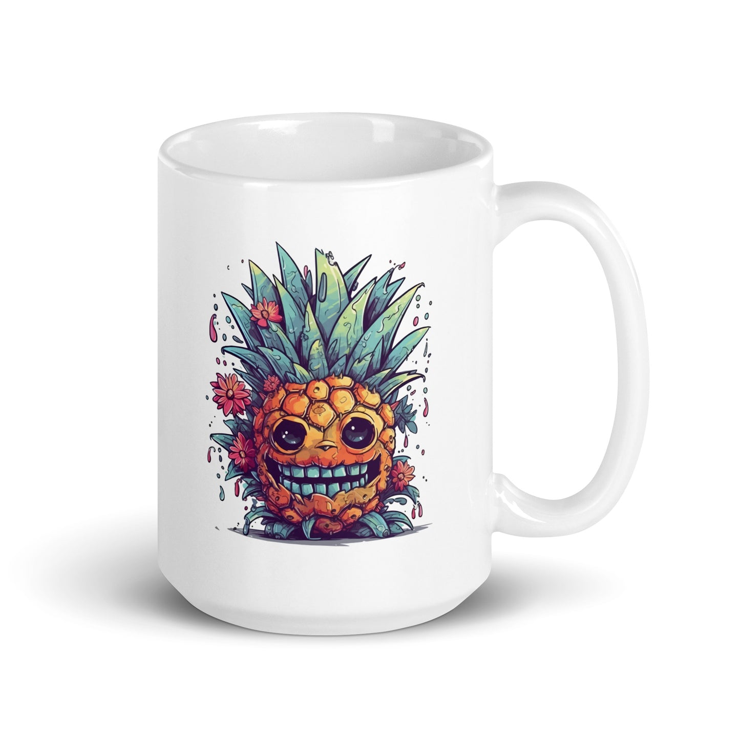 Cartoon horror, Pineapple monster smile, Fantasy funny monster, Fruits fantastic illustration, Mutant portrait - White glossy mug