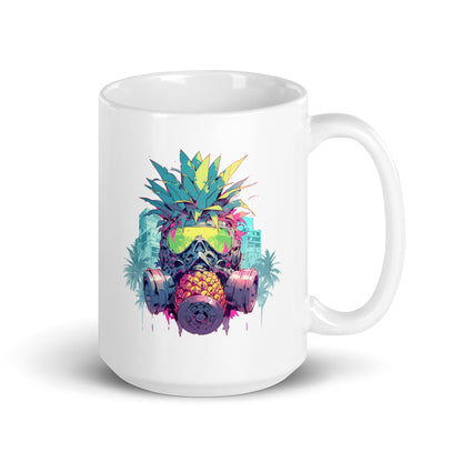 Gas mask on pineapple, Fantasy fruit illustration, Pineapple monster Pop Art, Fantastic mutant portrait - White glossy mug