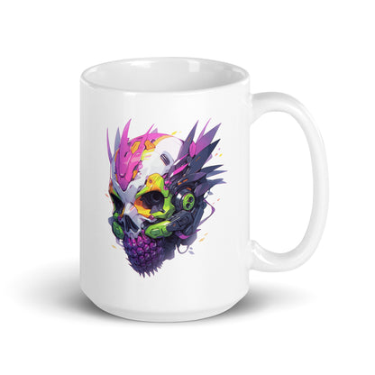 Cyber pineapple skull, Fantastic cyborg head, Pineapple monster Pop Art, Fantasy fruit illustration - White glossy mug