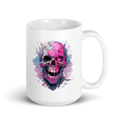 Cheerful zombie, Funny zombie illustration, Smile skull with red eye, Fantastic head bones, Horror funny fantasy - White glossy mug