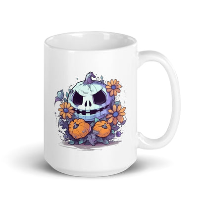 Halloween pumpkin and flowers, Cartoon monster, Fantasy mystical holiday, Magic horror party - White glossy mug