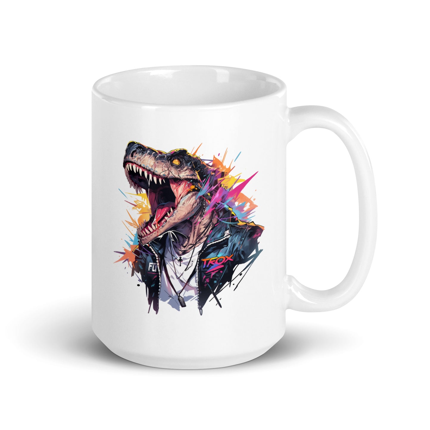 Dino and sharp teeth of hard rock, Dinosaur in leather jacket, Most music reptile in jungle, Dragon solo roar - White glossy mug