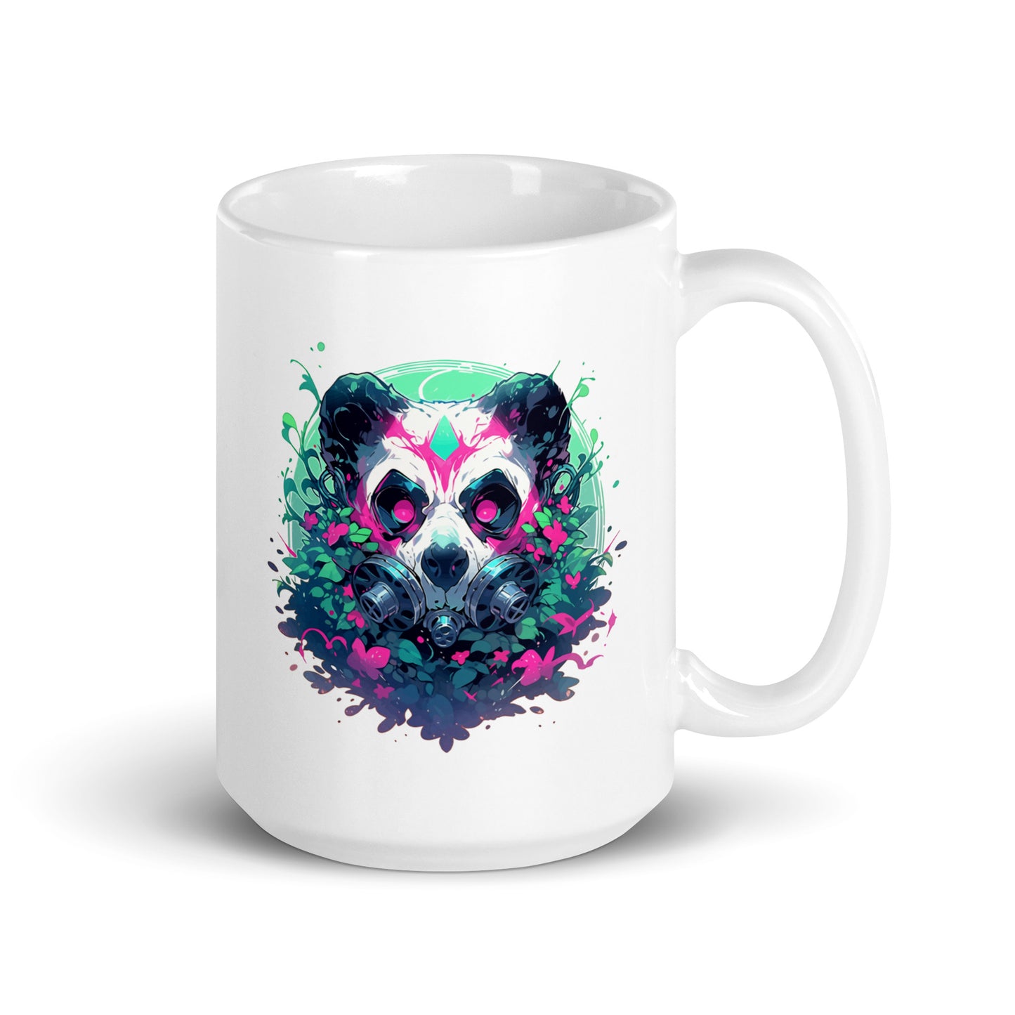 Cool toxic panda, Post-apocalyptic jungle, Wild animal with pink eyes, Bamboo bear in gas mask, Black and white bear - White glossy mug