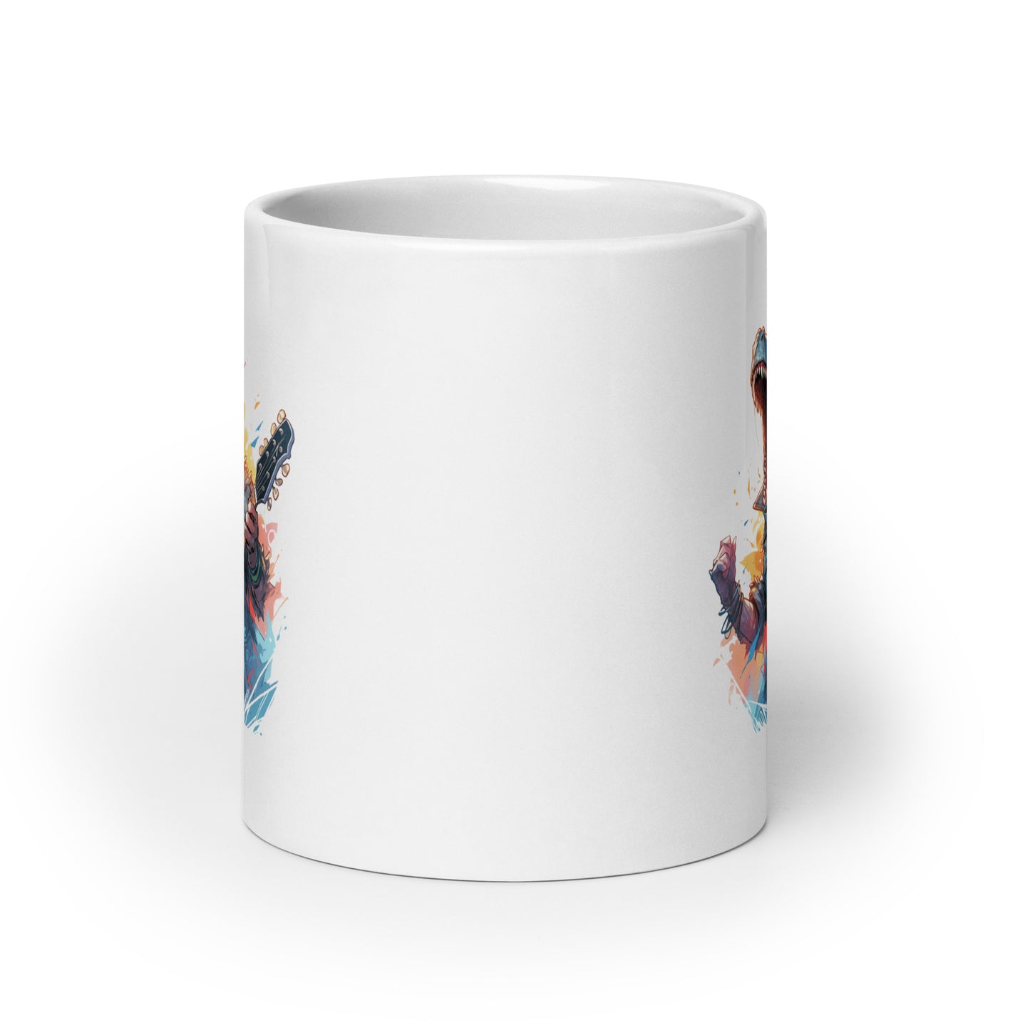 Dinosaur with guitar, Dino and sharp teeth of hard rock, Dragon rock and roll, Most music reptile in urban jungle - White glossy mug