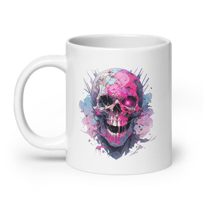 Cheerful zombie, Funny zombie illustration, Smile skull with red eye, Fantastic head bones, Horror funny fantasy - White glossy mug