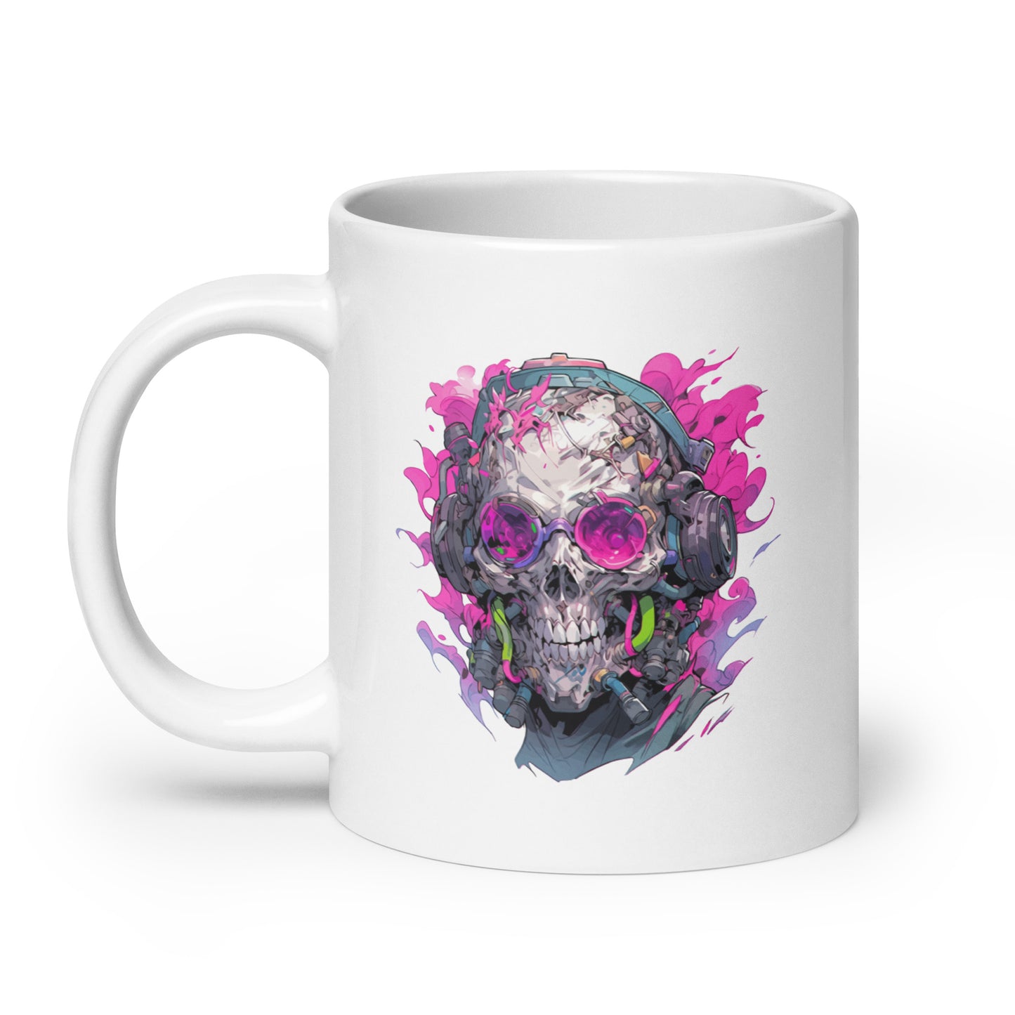 Cyber zombie in pink glasses, Crazy zombie illustration, Horror music fantasy, Cyberpunk skull in headphones, Fantastic head bones - White glossy mug