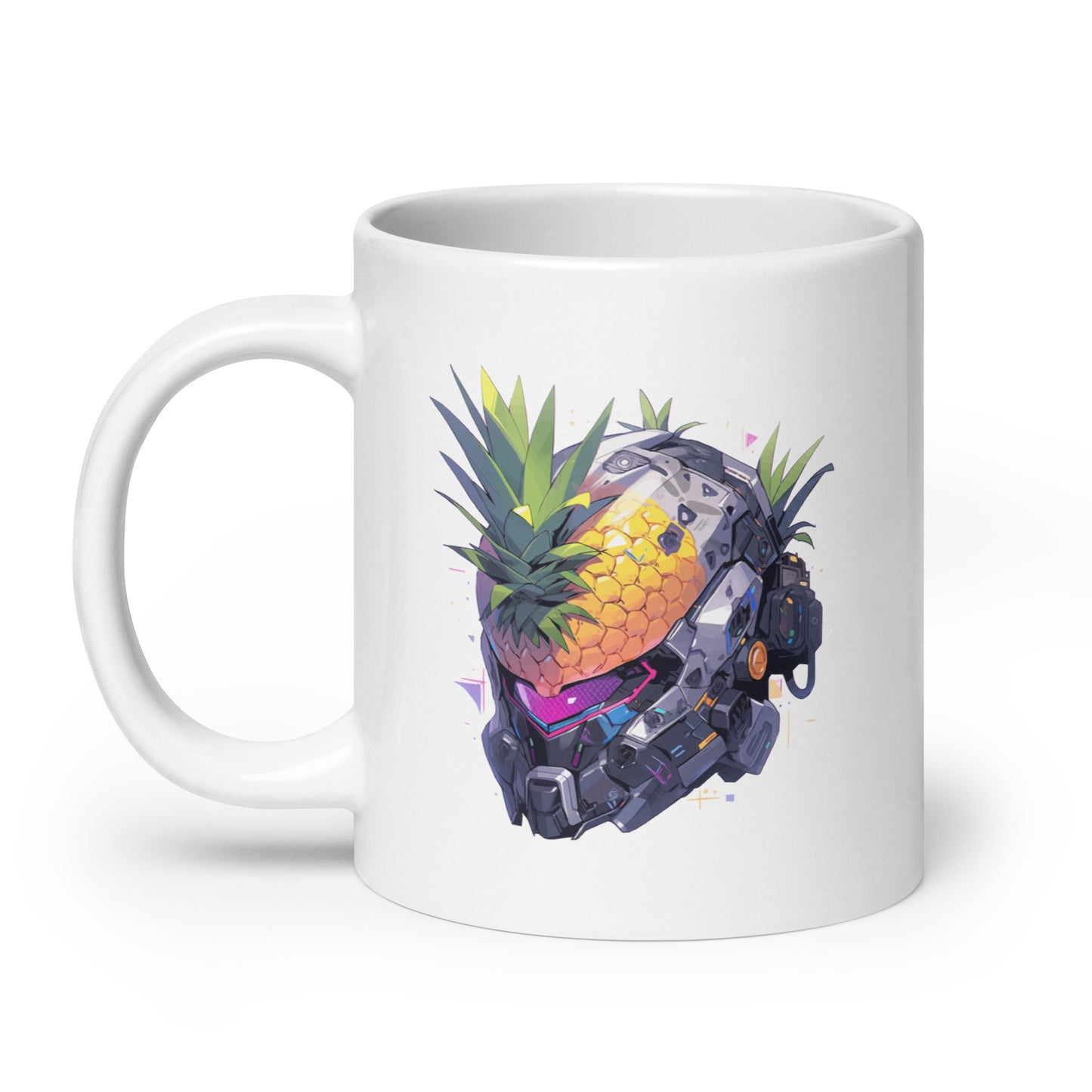 Robot head, Cyberpunk pineapple, Fantastic cyber fruit, Pop Art fantasy mutant - White glossy mug