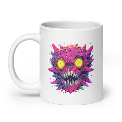 Crazy Pop Art illustration, Zombie virus, Yellow evil eyes, Horns and fangs - White glossy mug