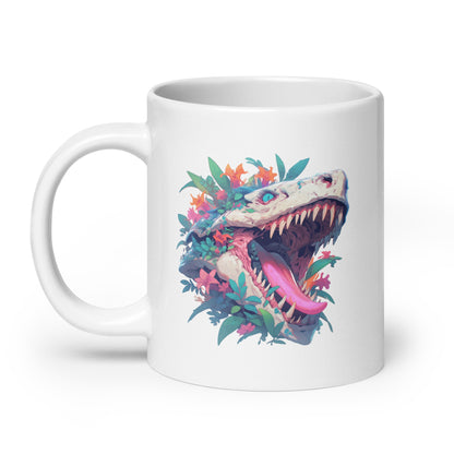 Dino jaws and toothy monster, Wild jungle predator in flowers, Fantastic roar dragon, Fantasy animal illustration - White glossy mug