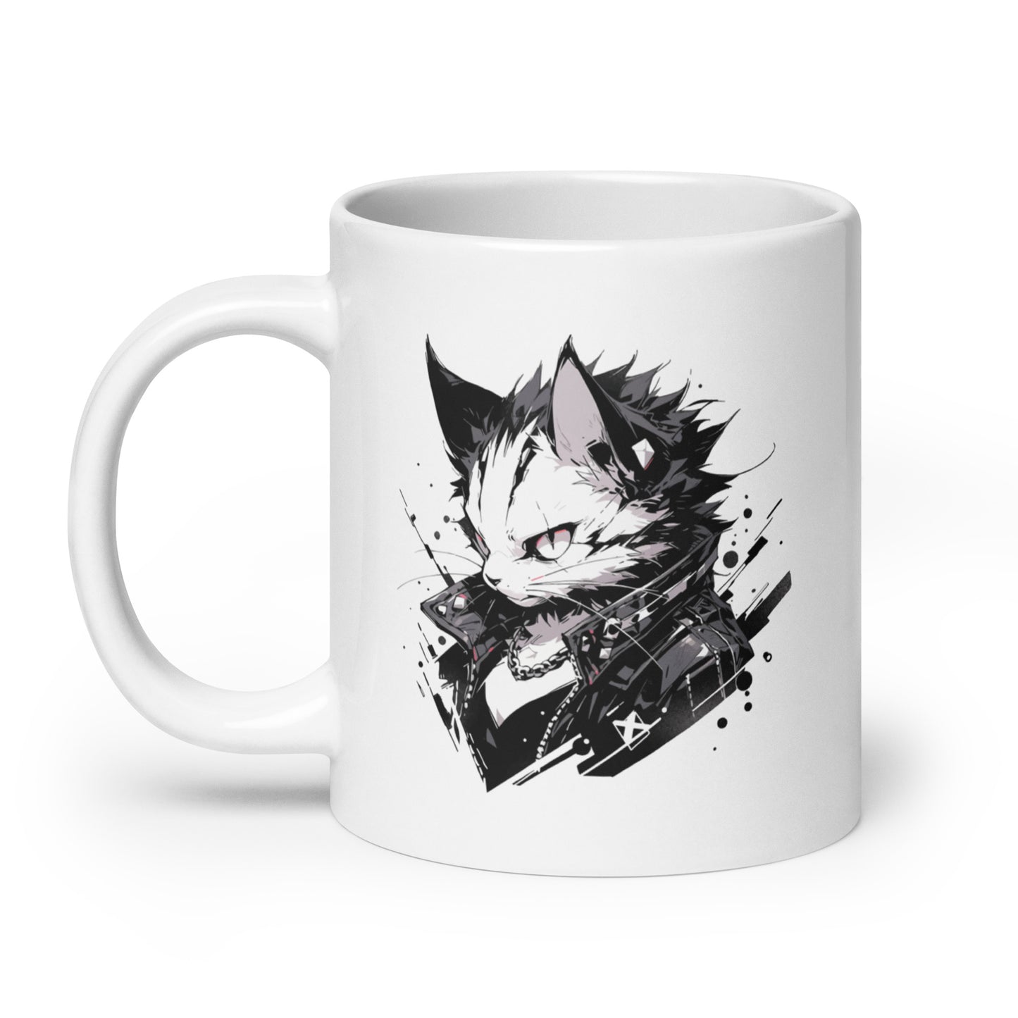 Angry punk kitten in black leather jacket, Cat rock and roll, Cat rocker fashion, Born to be wild - White glossy mug