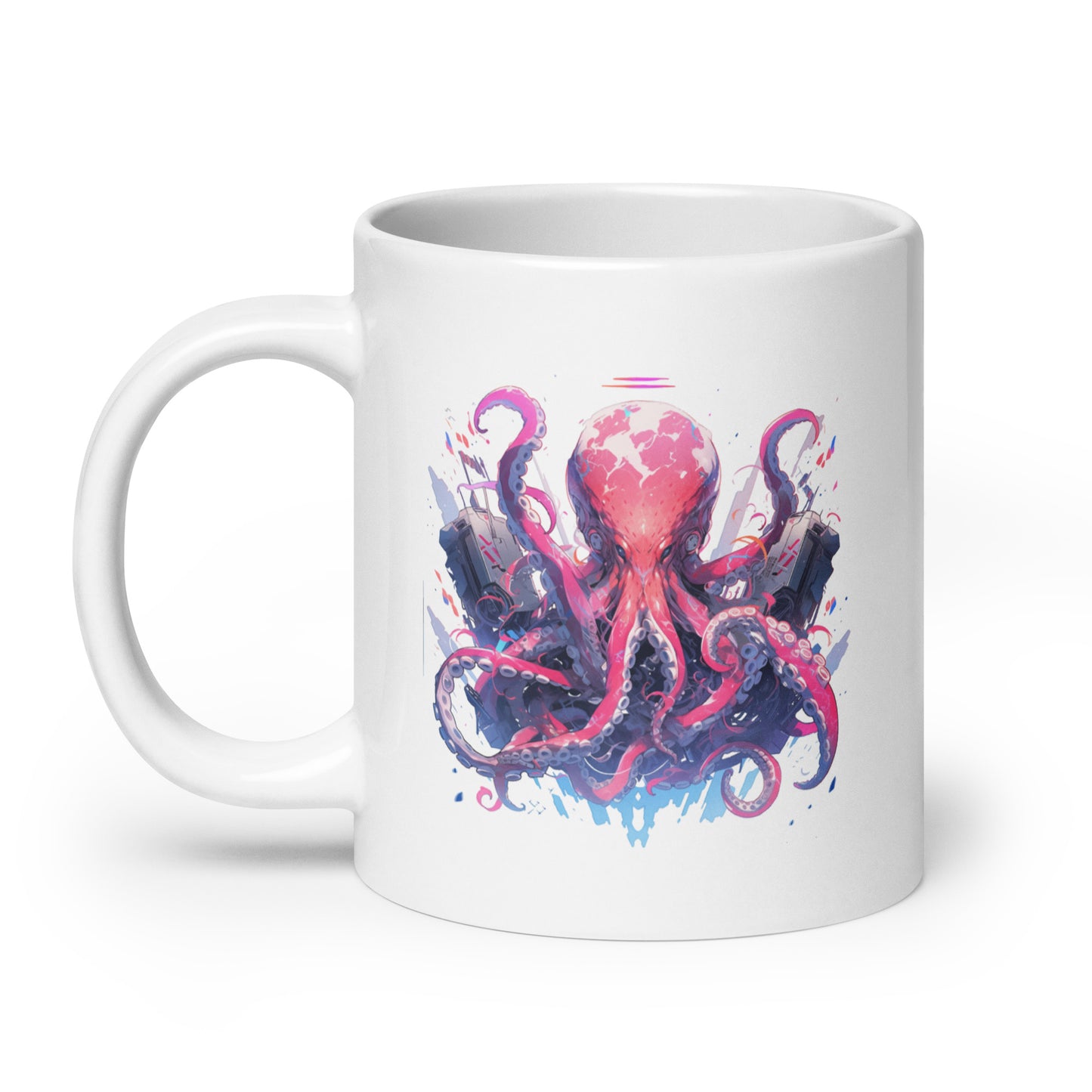 Animals fantastic, Cyber octopus mutant, Cyberpunk manga illustration, Magic biotechnology - White glossy mug