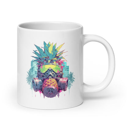Gas mask on pineapple, Fantasy fruit illustration, Pineapple monster Pop Art, Fantastic mutant portrait - White glossy mug