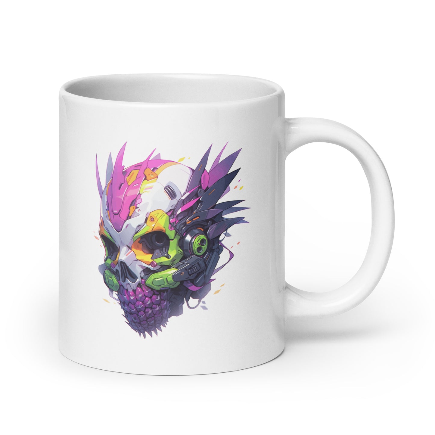 Cyber pineapple skull, Fantastic cyborg head, Pineapple monster Pop Art, Fantasy fruit illustration - White glossy mug