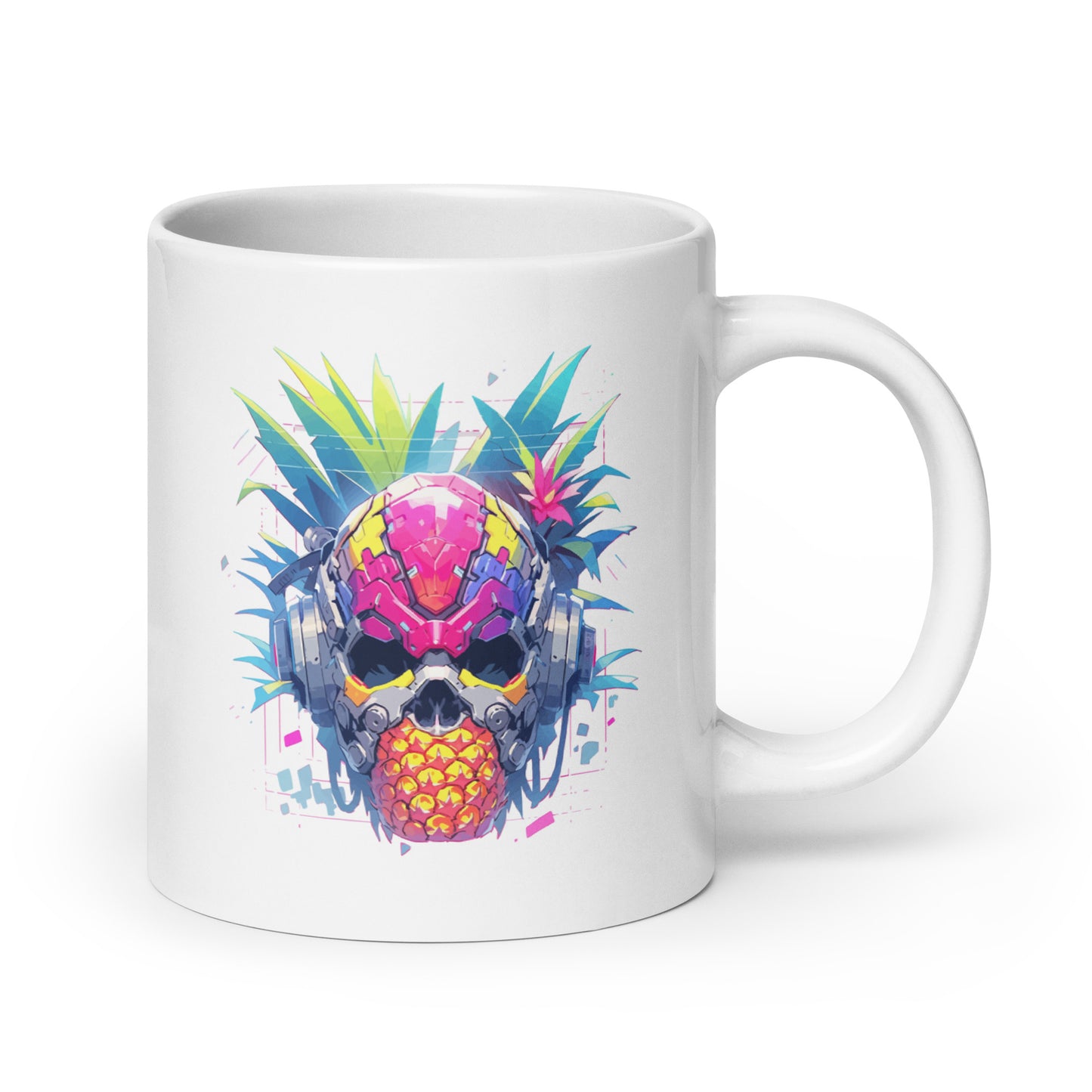 Cyber skull, Fantastic cyborg pineapple head, Pineapple monster Pop Art, Fantasy fruit illustration - White glossy mug