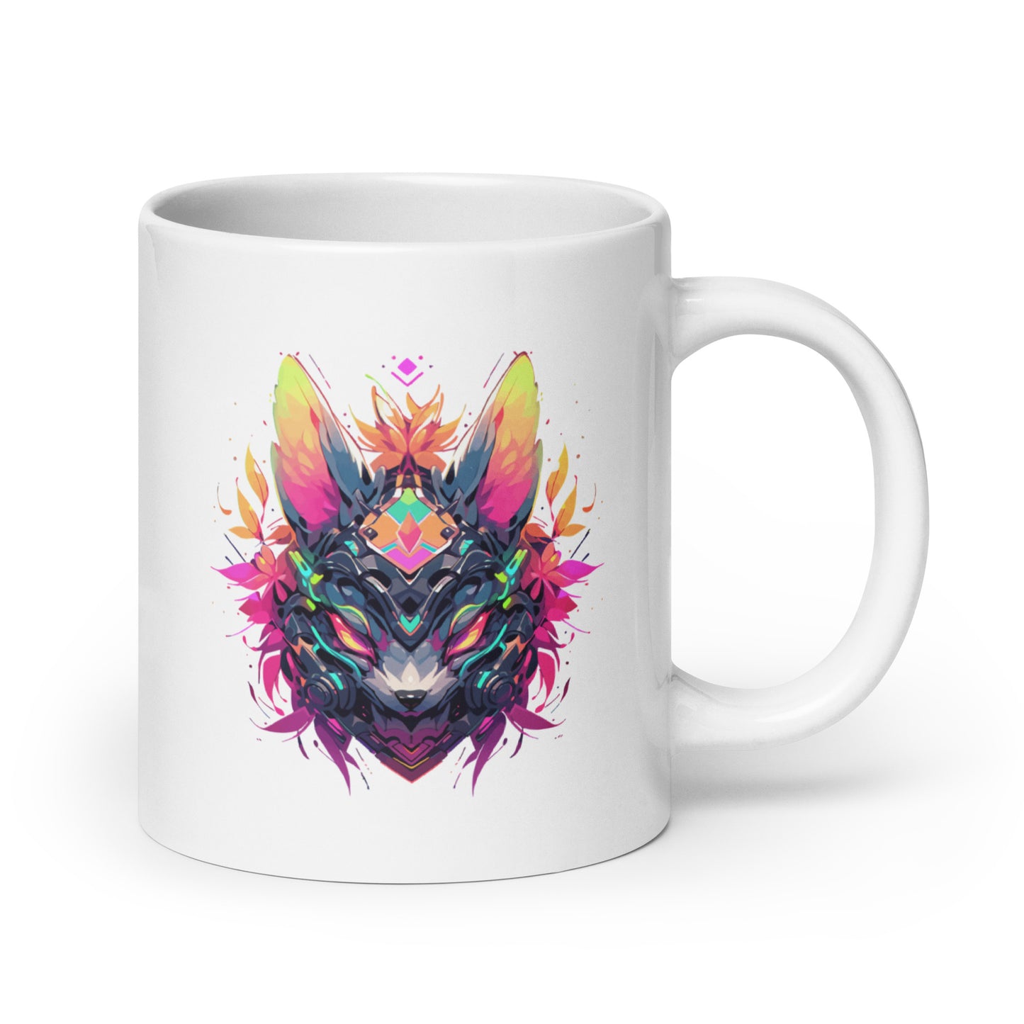 Colorful fox head with bright patterns, Pop Art style illustration with cyber animal face, Red eyes and flowers, Abstract geometric composition - White glossy mug
